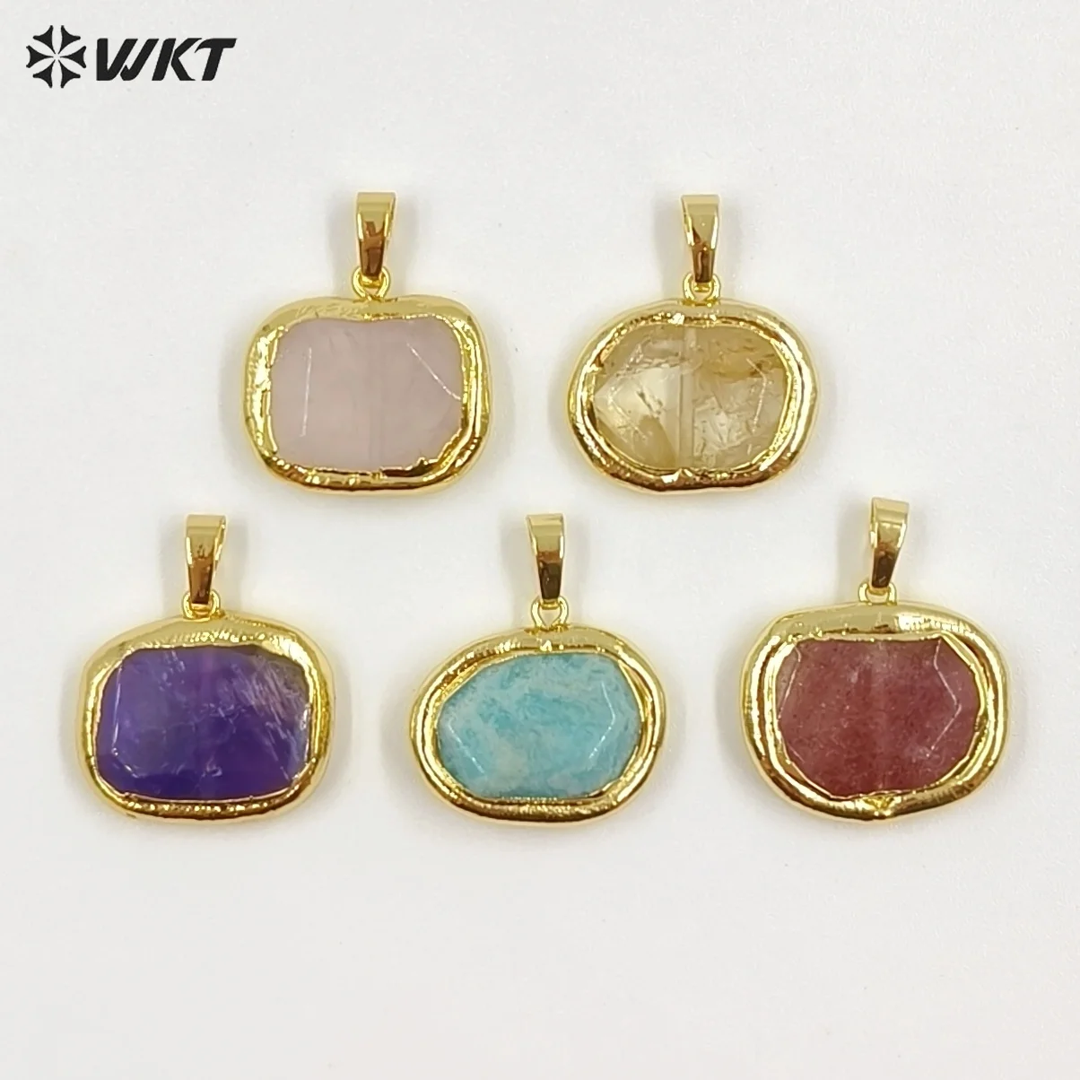 WT-P1468 Natural Strawberry Amazonite Amethyst Stone Pendant Purple Brown Quatz Gold Pendant Women Fashion Jewelry