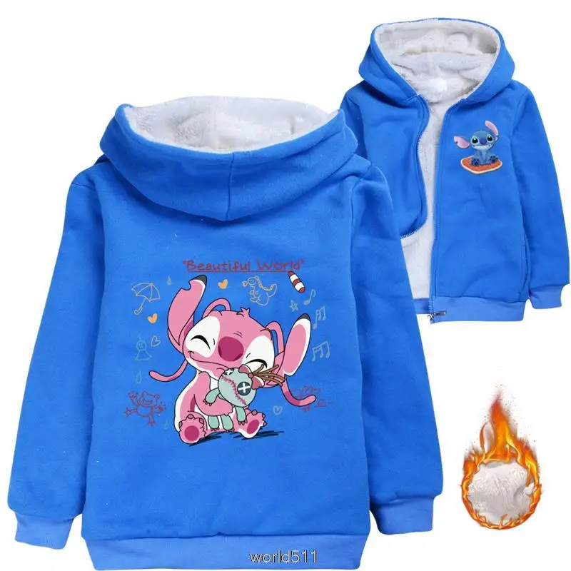 Stitch Baby Girls Cartoon Printed Children Plus Velvet Warm Girls Cotton Jacket Sweatshirt Thick Kids Clothing Jacket