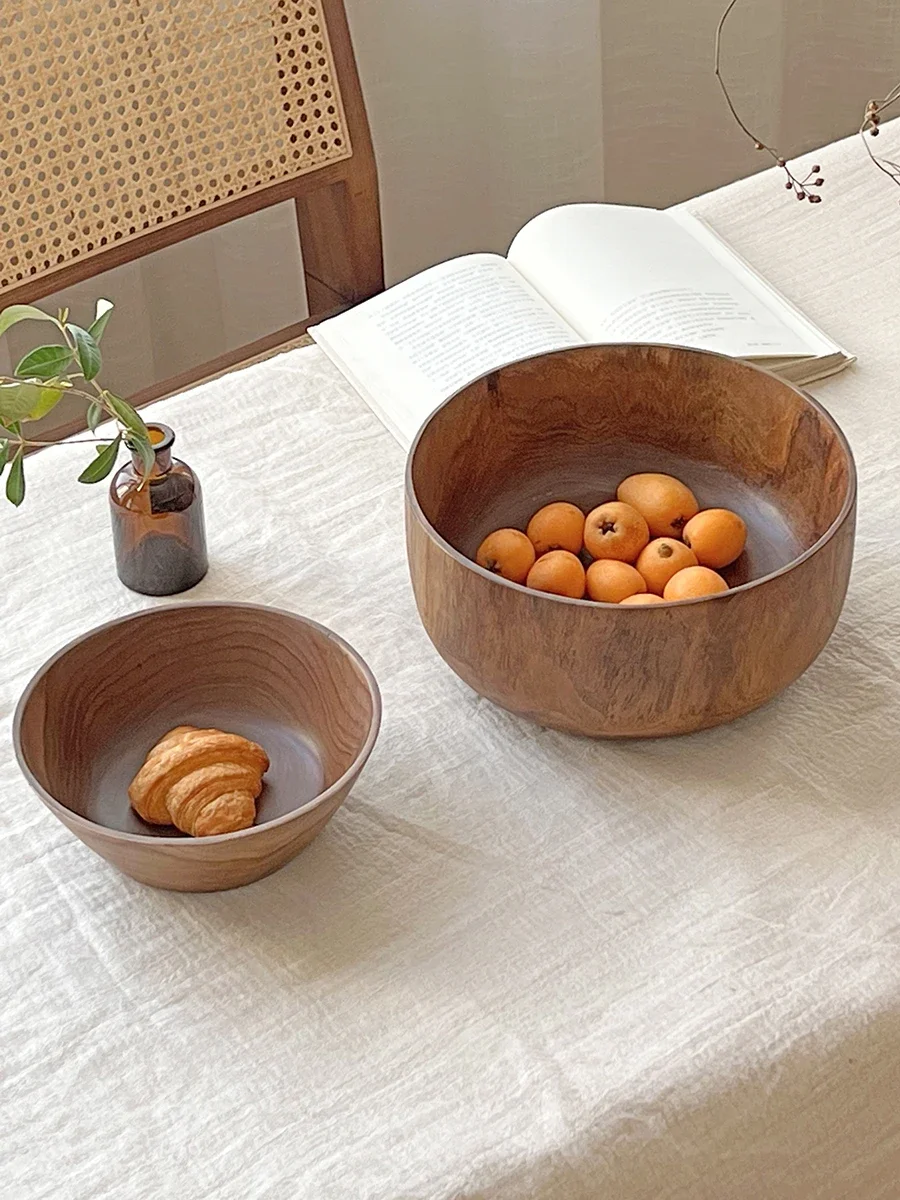 Fruit plate, deep bowl, large capacity solid wood plate, circular salad bowl, wooden tray