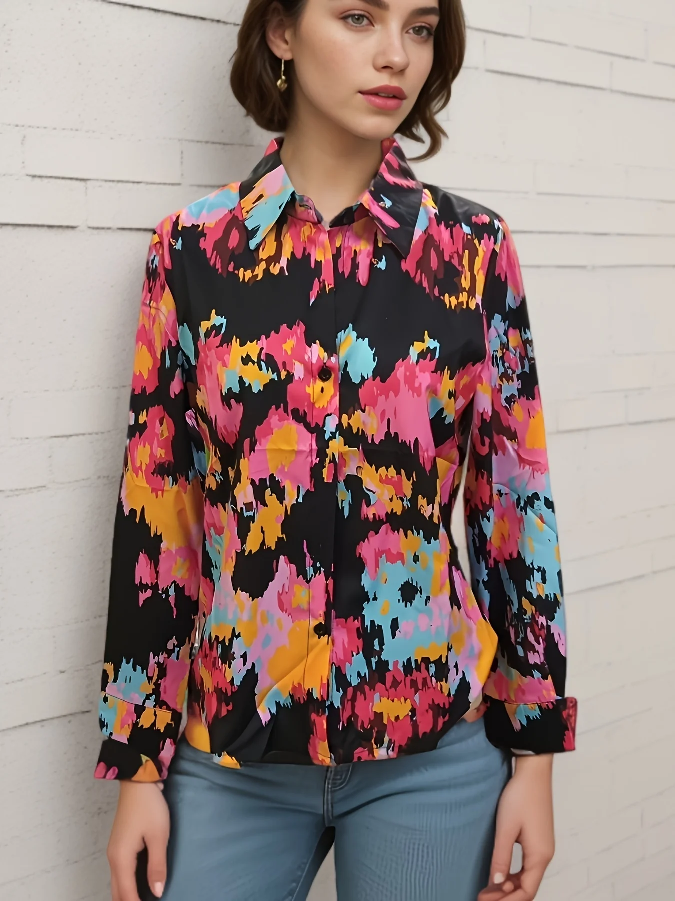 Letter print button front shirt, casual long sleeve shirt for spring and autumn, women's