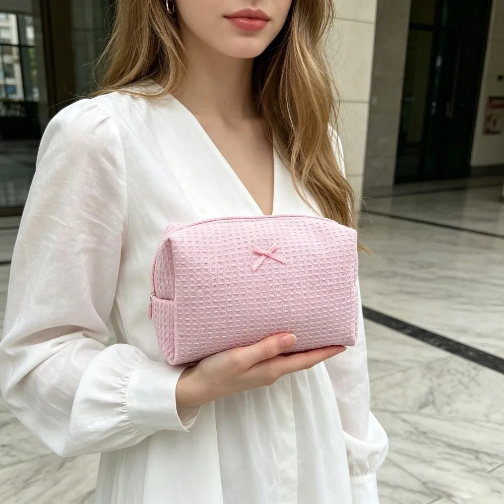 Sweet Bow Decor Waffle Knit Makeup Bag Zipper Lightweight Cosmetic Bag Portable Large Capacity Toiletry Organizer Daily