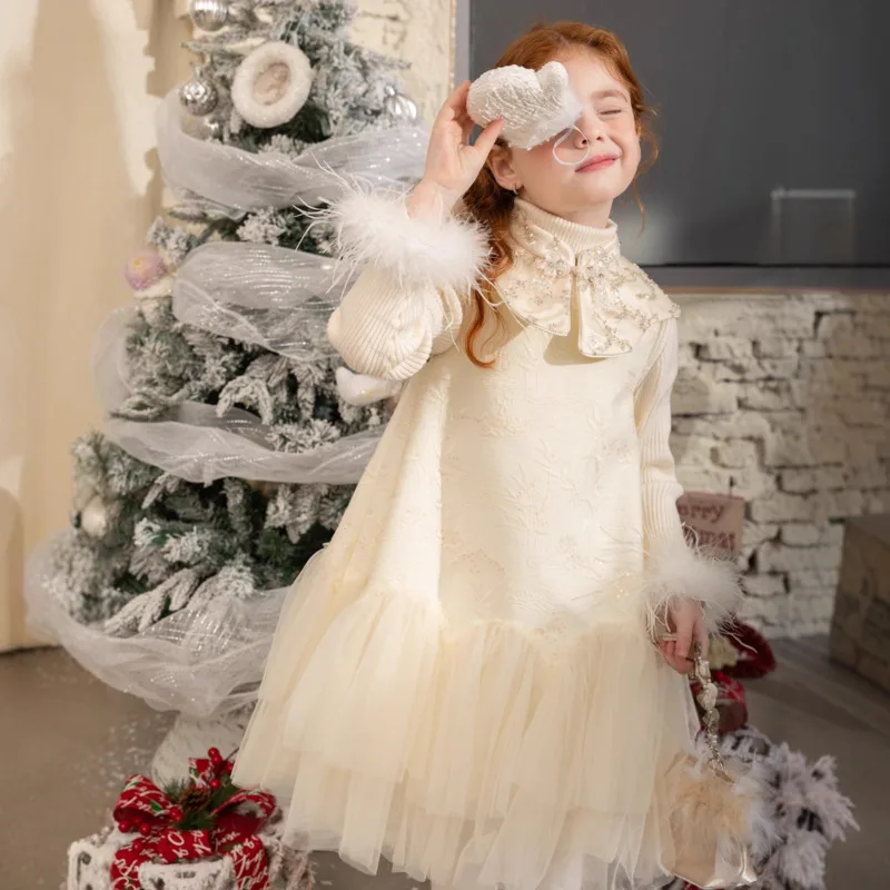2026 Winter Spring New Year Party Fashion Sweet Fleece Lined Princess Hem Sheer Skirt  Sleeveless Dress 2-12 Year Toddler Outfit