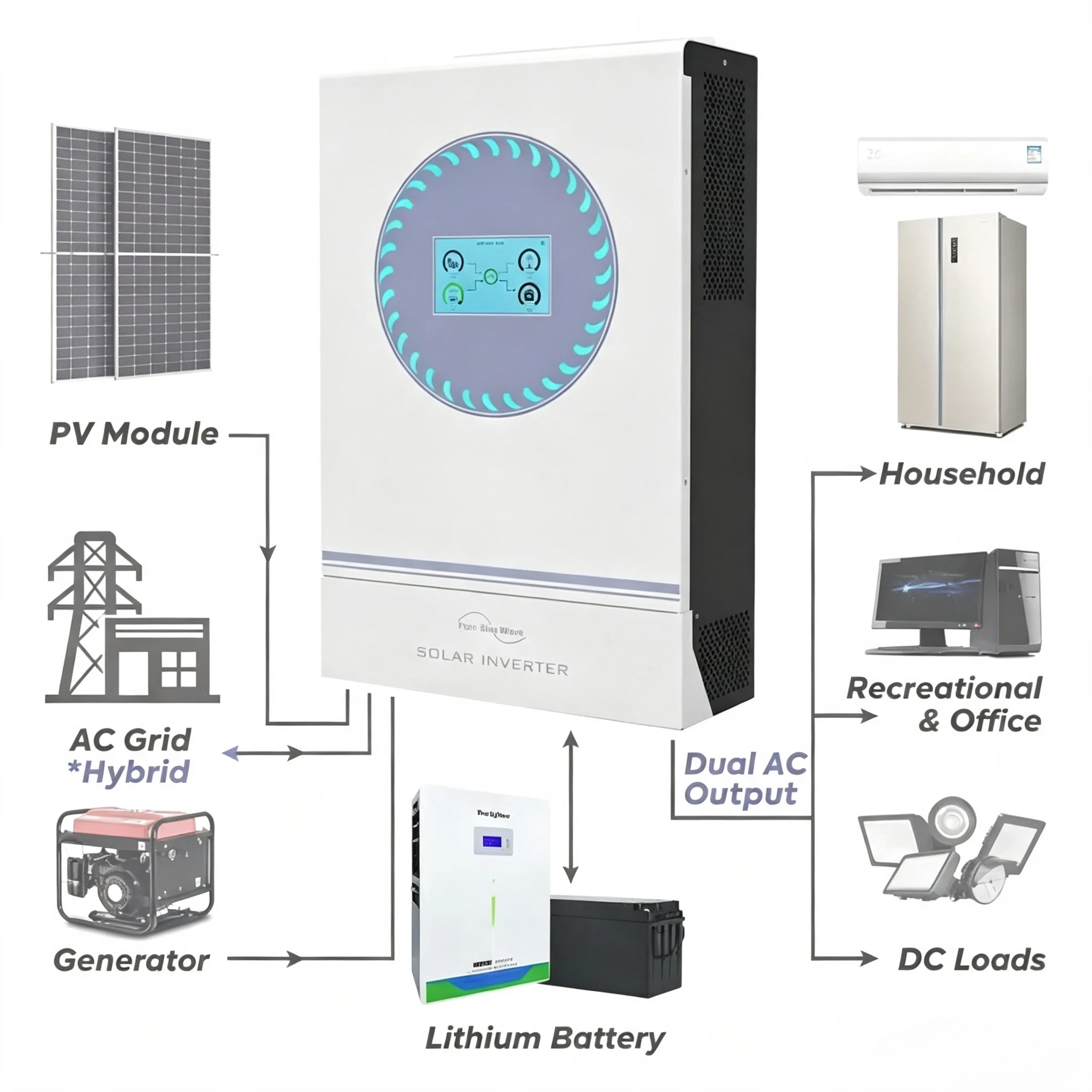 Touchable Screen 4kw 3.6KW 4000w 3600w Dual AC Output Hybrid Solar Storage Inverter 220vac 230vac 240vac 2.0 peak Power
