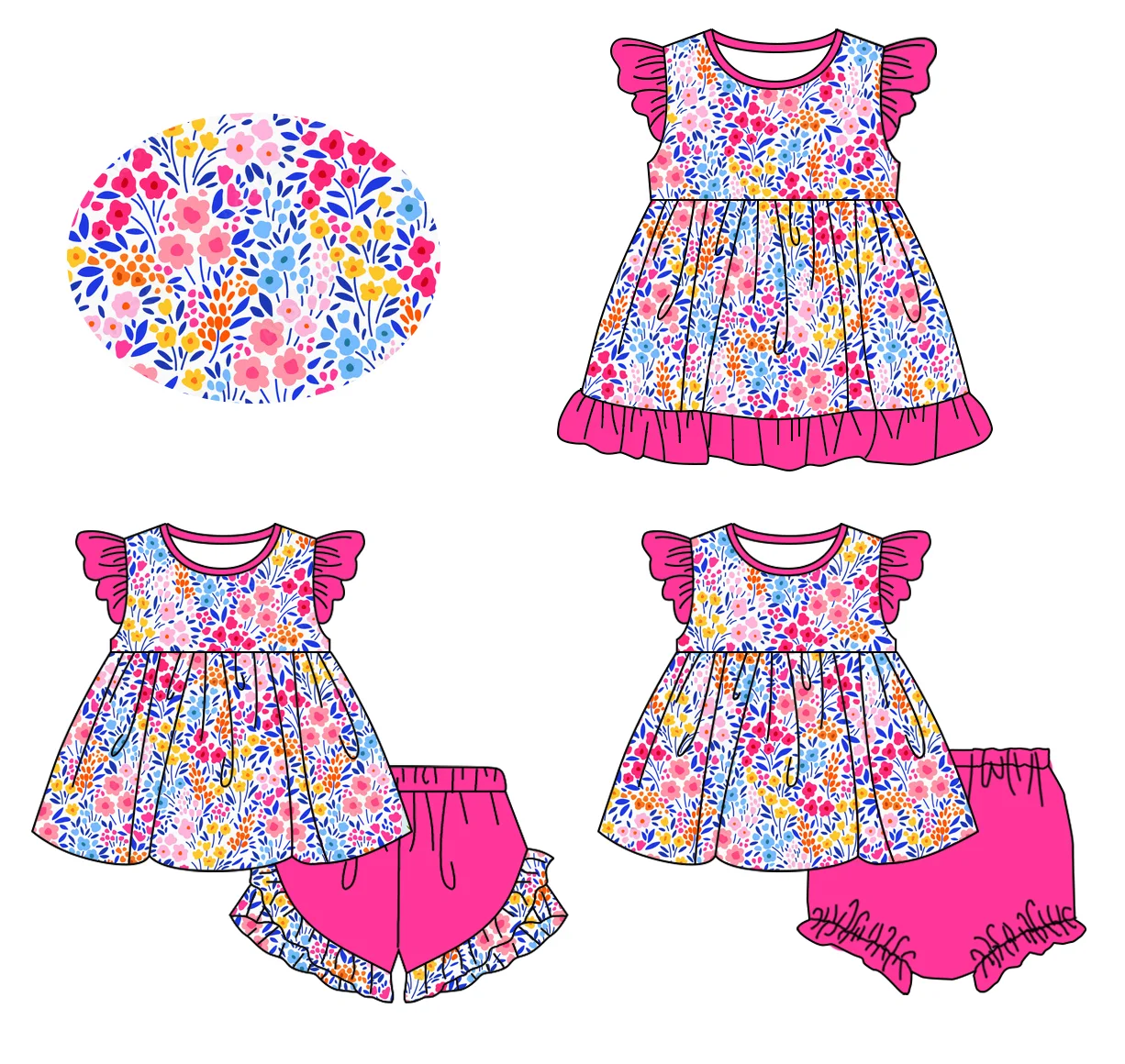 baby girl set clothes Colorful floral fabric Pink flutter sleeve shorts set dress fashion Girls Clothing Wholesale