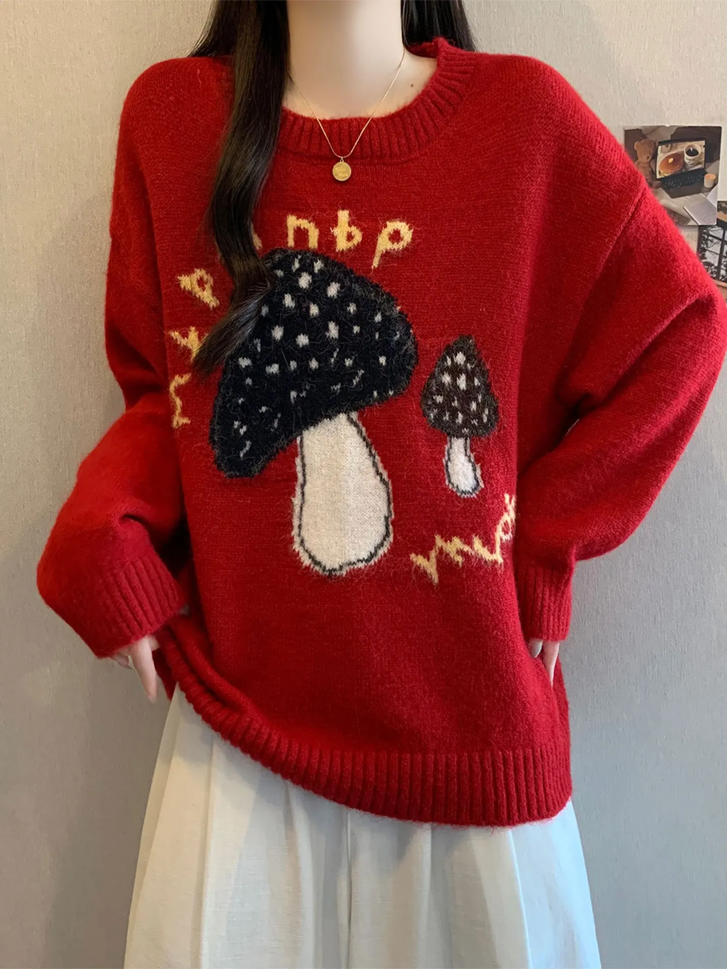 

Красный вязаный свитер Musoom Pattern Long Sve, женский свободный мягкий зимний топ, повседневный удобный трикотаж больших размеров