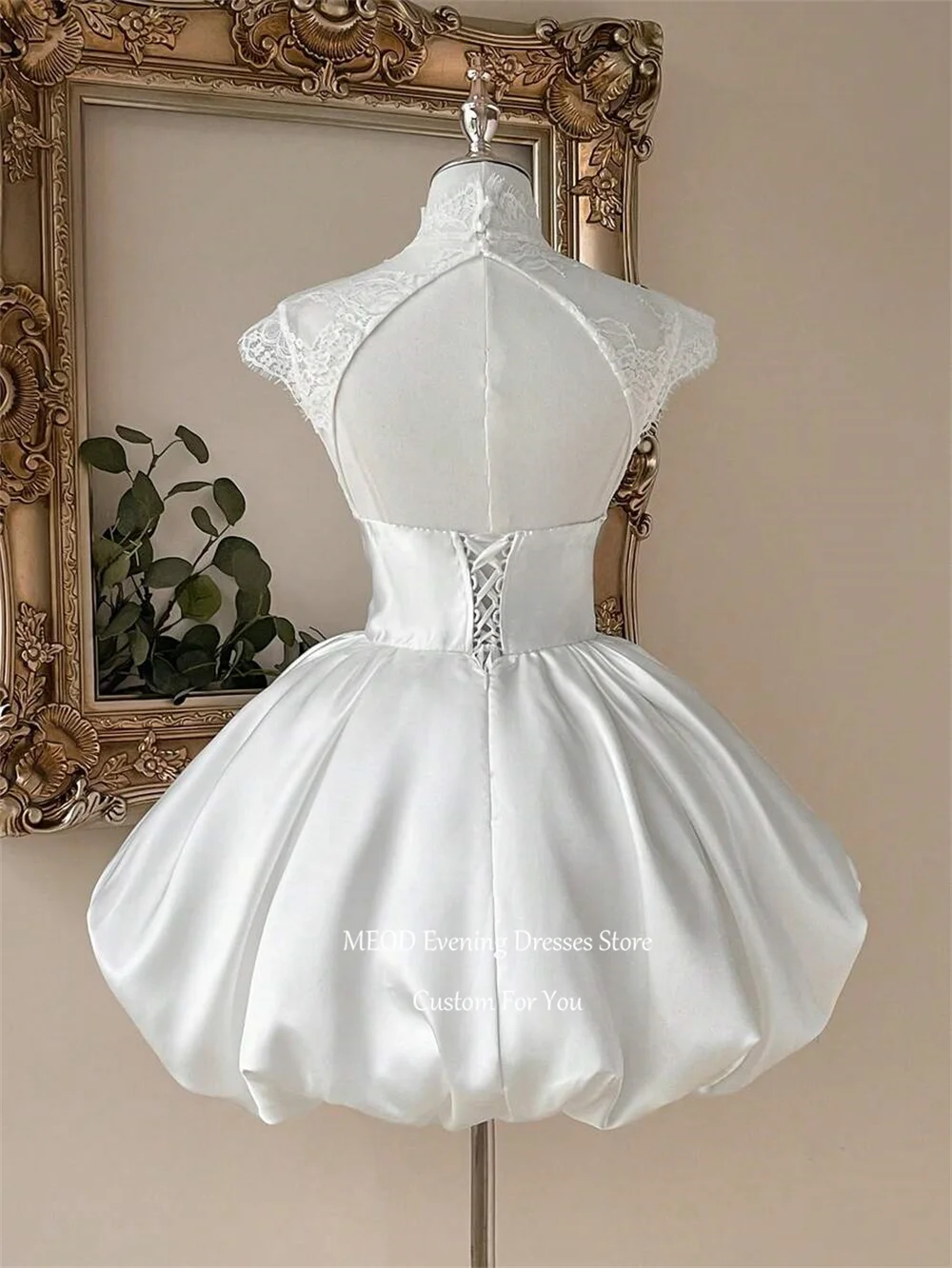 MEOD White High Neck  Bubble Mini Wedding Dress Cap Sleeve Satin Bridal Gown Backless Lace Appliques Vestido Novia Customized