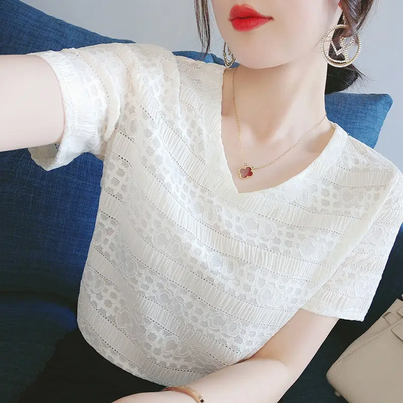 Elegant Lace Patchwork Solid Chiffon Shirts Summer 2023 Office Lady V-Neck Short Sleeve Loose Pullovers Blouse Women\'s Clothing