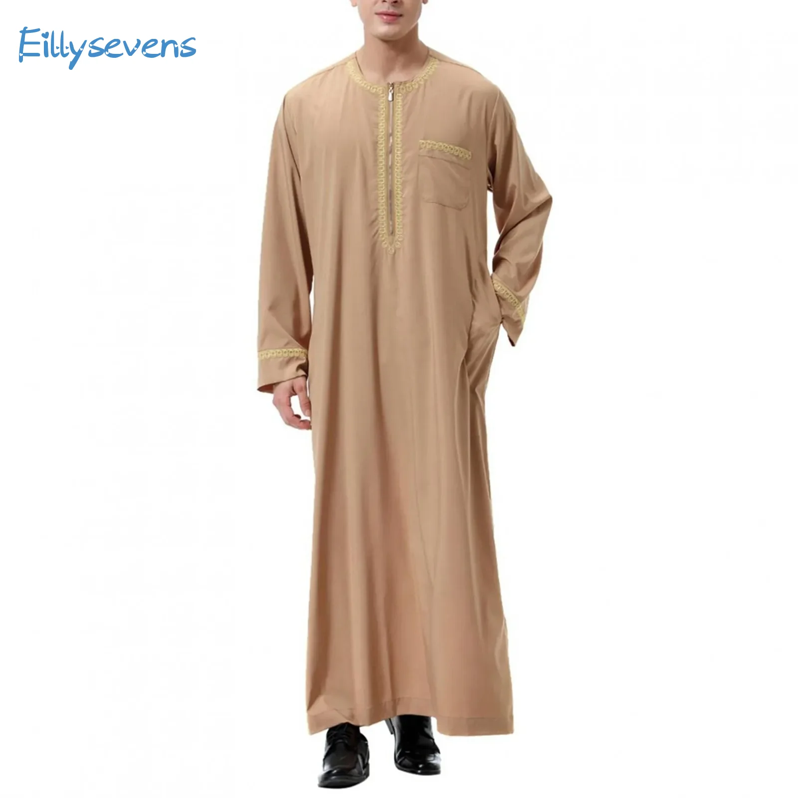 Heren Moslim Shirt Eenvoudig Bedrukt Patchwork Kaftan Islamitische Royalty Dubai Robe O-hals Lange Mouw Retro Losse Jubba Thobe