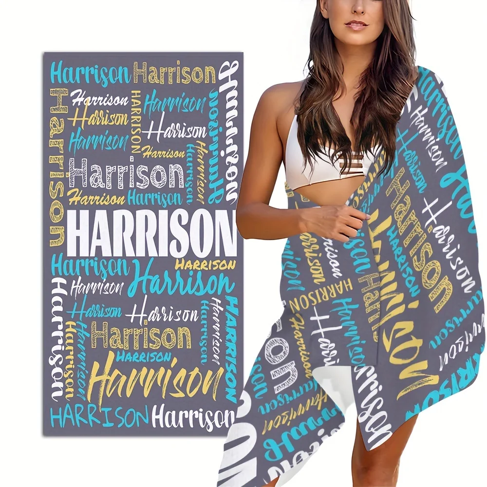 منشفة شاطئ ذات اسم شخصي - منشفة حمام سباحة مخصصة مقاس 80 × 160 سم للرجال والنساء، بطانية صيفية كبيرة سريعة الجفاف للشاطئ والسفر