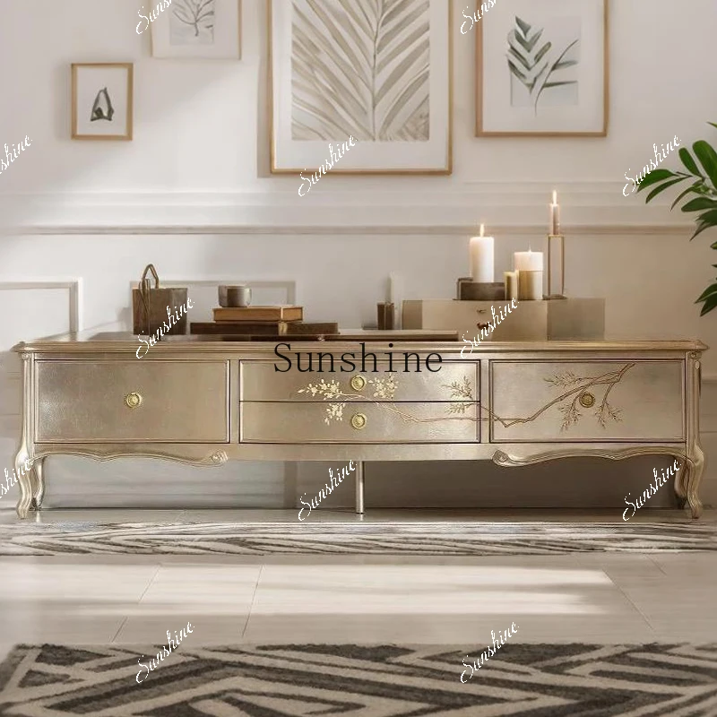 French light luxury solid wood painted silver foil court living room bedroom carved storage cabinet  FT