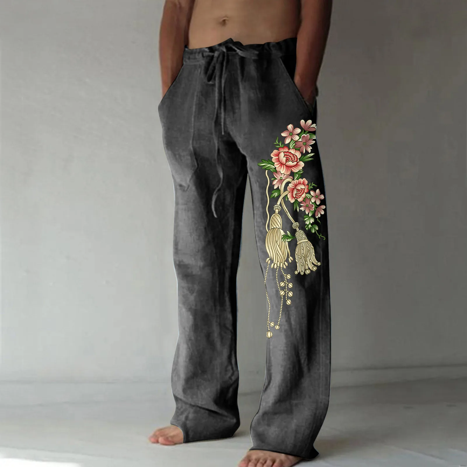 Men Baggy Cotton Linen Pants Casual Flowers Print Pockets Lace Up Pants Wide Leg Pant Full Length Drawstring Beach Holiday Pants