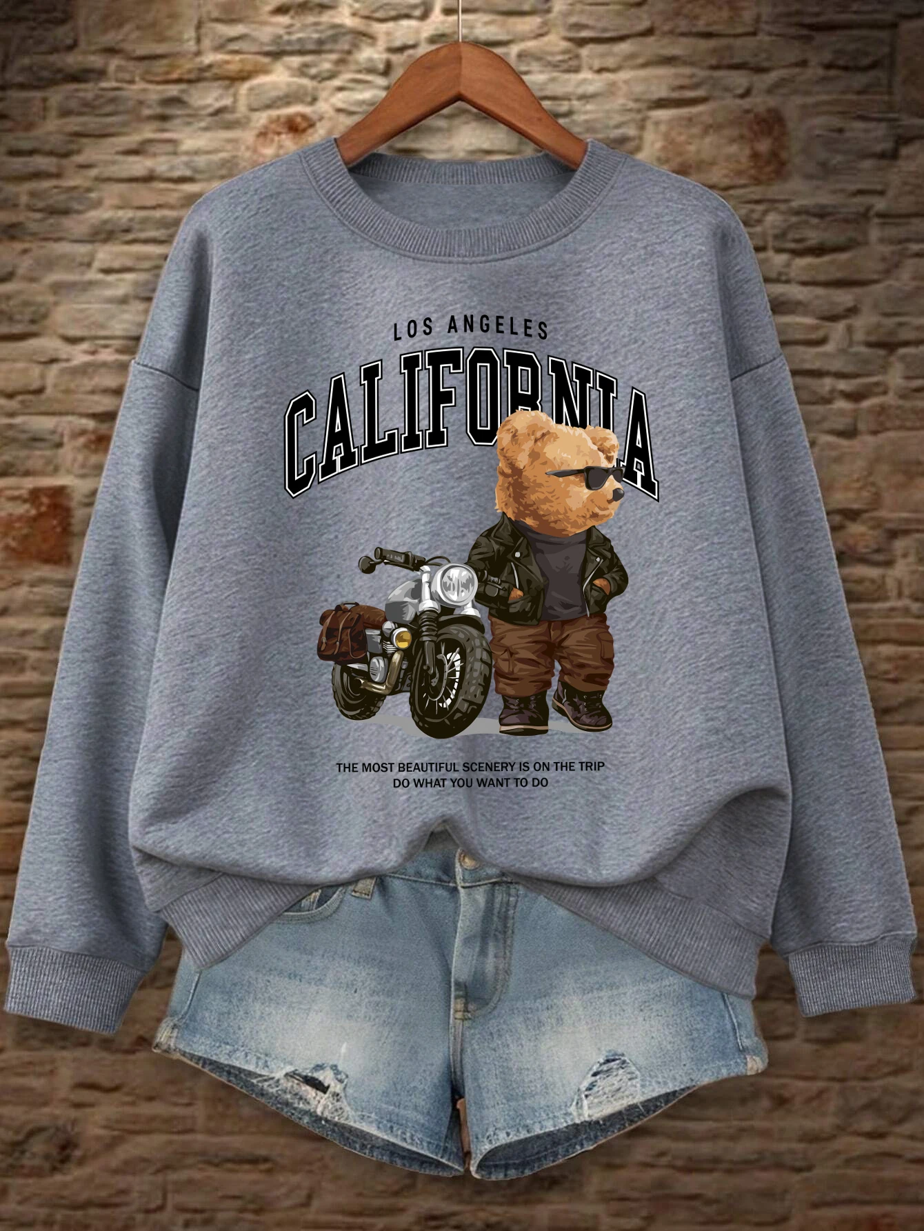

Крутые женские толстовки с принтом мотоциклетного медведя в Калифорнии, свободная уличная одежда с круглым вырезом, флисовые пуловеры, осенняя удобная одежда