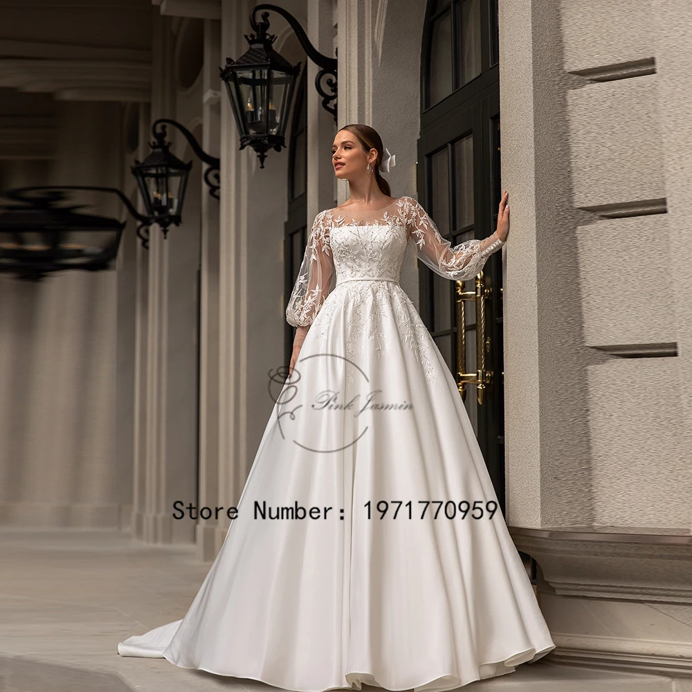 

Satin Wedding Dress For Princess Puffy Sleeves Glitter Beading Bride Gown Button Back Sweep Train vestidos de novia 2024 New