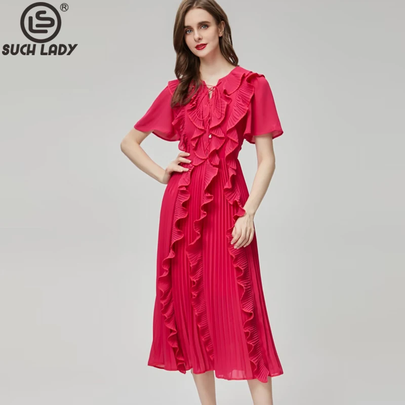 

Women's Runway Dresses O Neck Short Sleeves Pleaated Ruffles Lace Up Fashion High Street Mid Vestidos