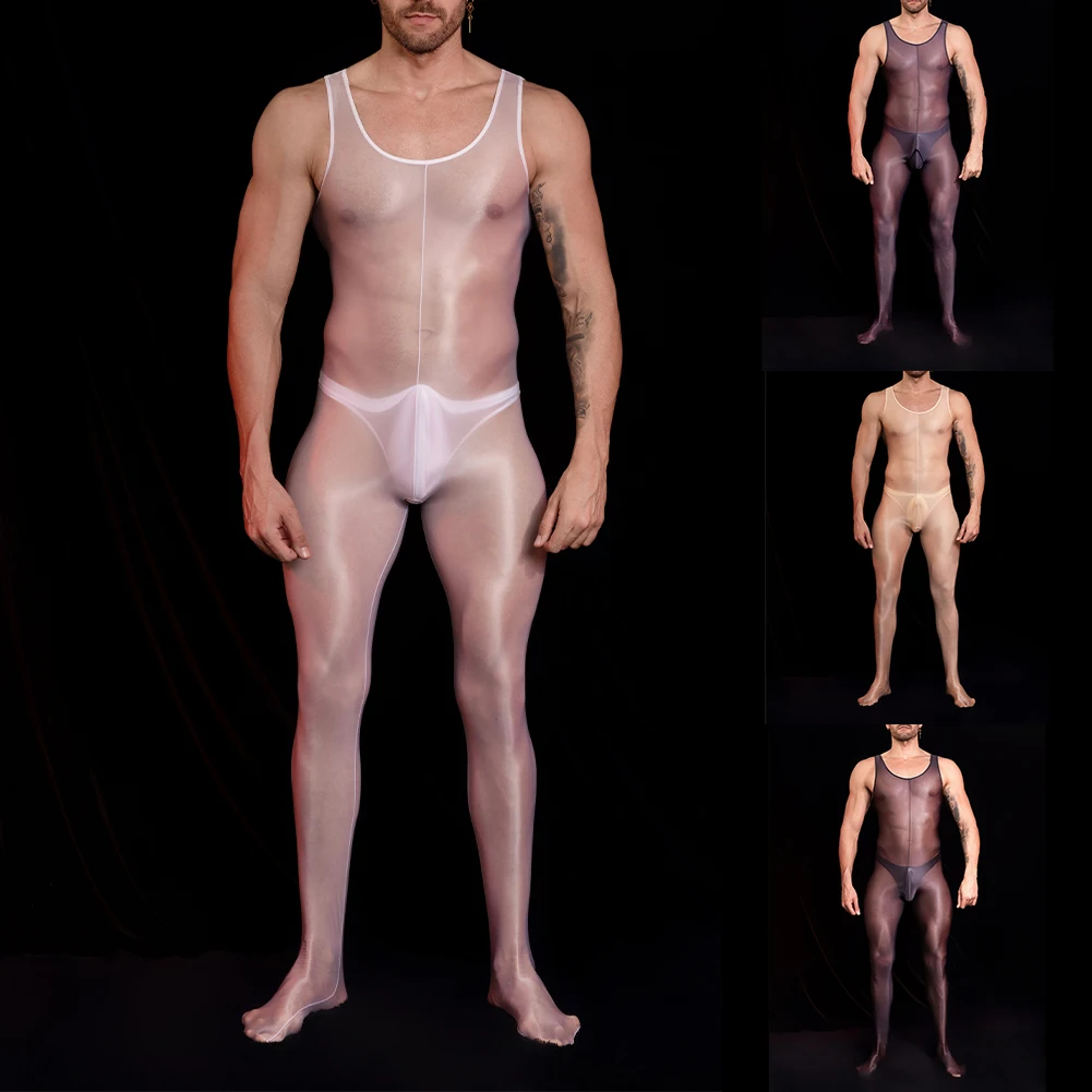 

Male Sexy Lingerie Mens Bodysuit Oil Glossy Jumpsuit Leotard Medium Strecth Sleeveless Underwear Body Stocking