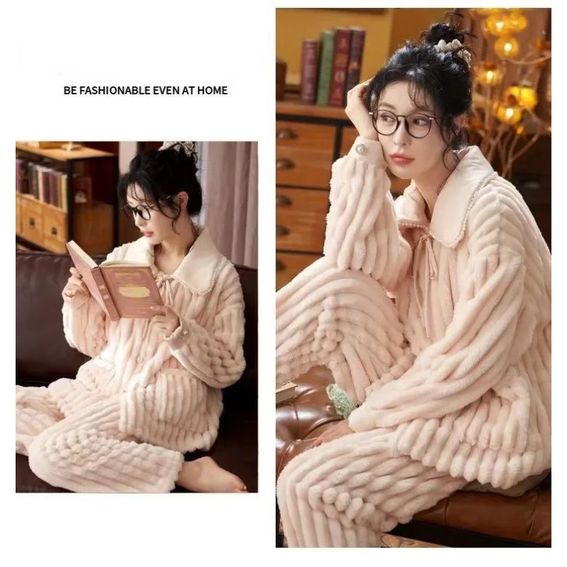 New Pajamas Women's Coral Plush Autumn Winter 2-Piece Loungewear Set Thicken Sweet Cute Girls Korean Edition Home Wear Sleepwear