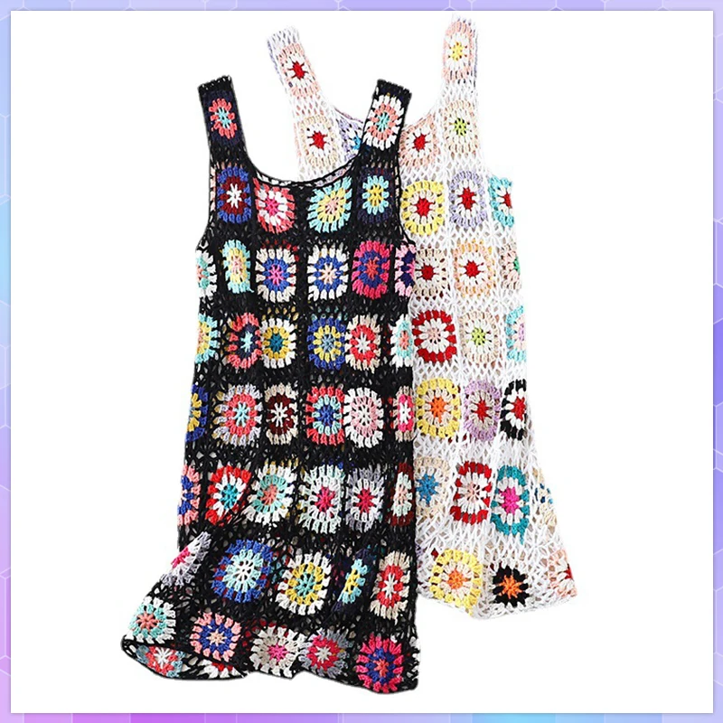 Summer Boho Vintage Women's Beach Mini Dress Sleeveless Sundress Colorful Hollow Out Crochet Designer Dresses Vestidos платье