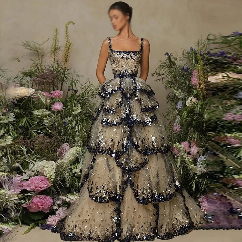 

Women Wedding Party Formal Gowns Exquisite A-Line Luxury Dubai Ball Gown Evening Dress Sequined Ruffles Backless Evening Dress