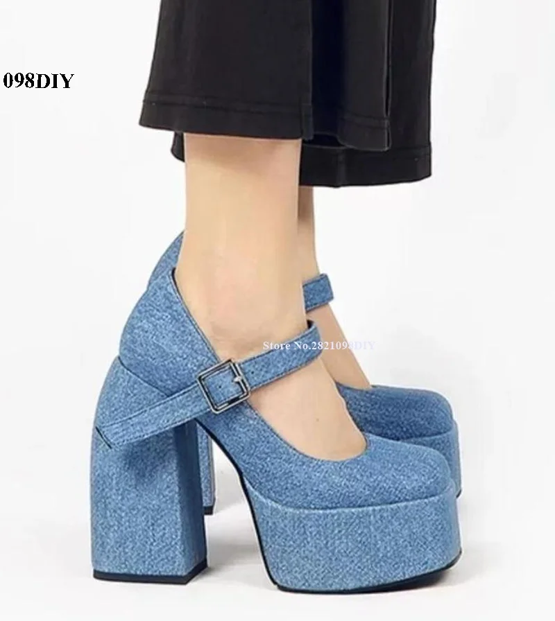 

Retro Bulla Babies Denim Platform Mary Jane Pumps Women Chunky High Heel Block Heeled Dress Shoes