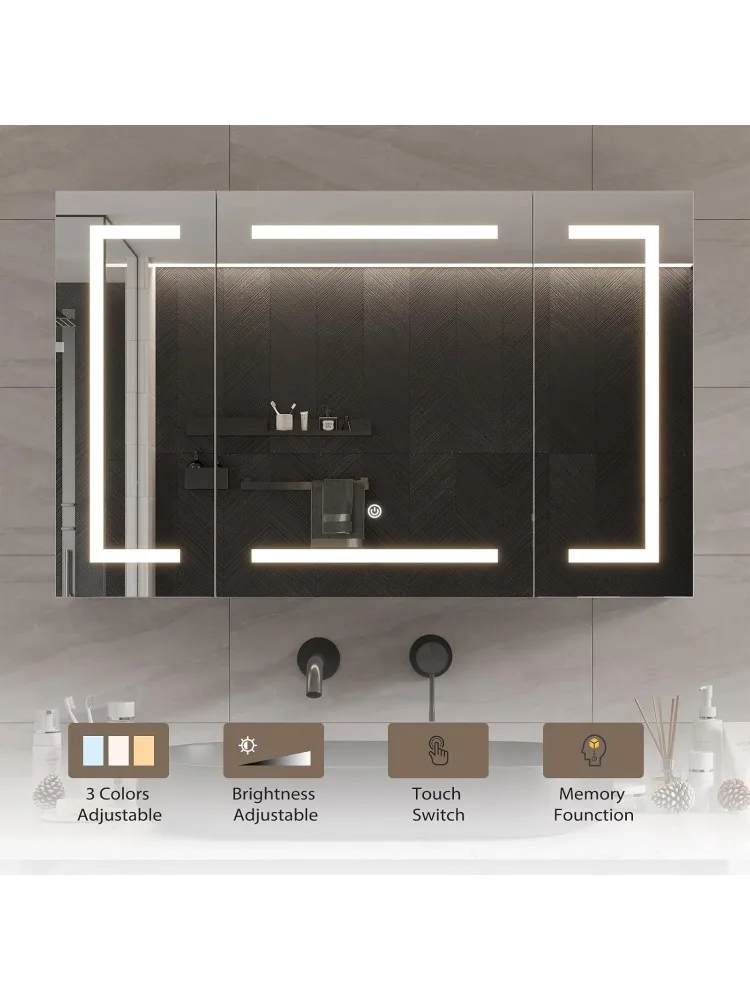 ミラーとLEDライト付き薬キャビネット、収納付き壁掛けバスルームミラー、2ドアバスルームウォールキャビネット、Mem