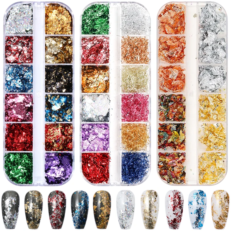 

12 Grids Metallic Holographic Nail Art Colored Gold Foil Paper Flakes Aluminum Nails Decoration Confetti Manicure Supplies Set