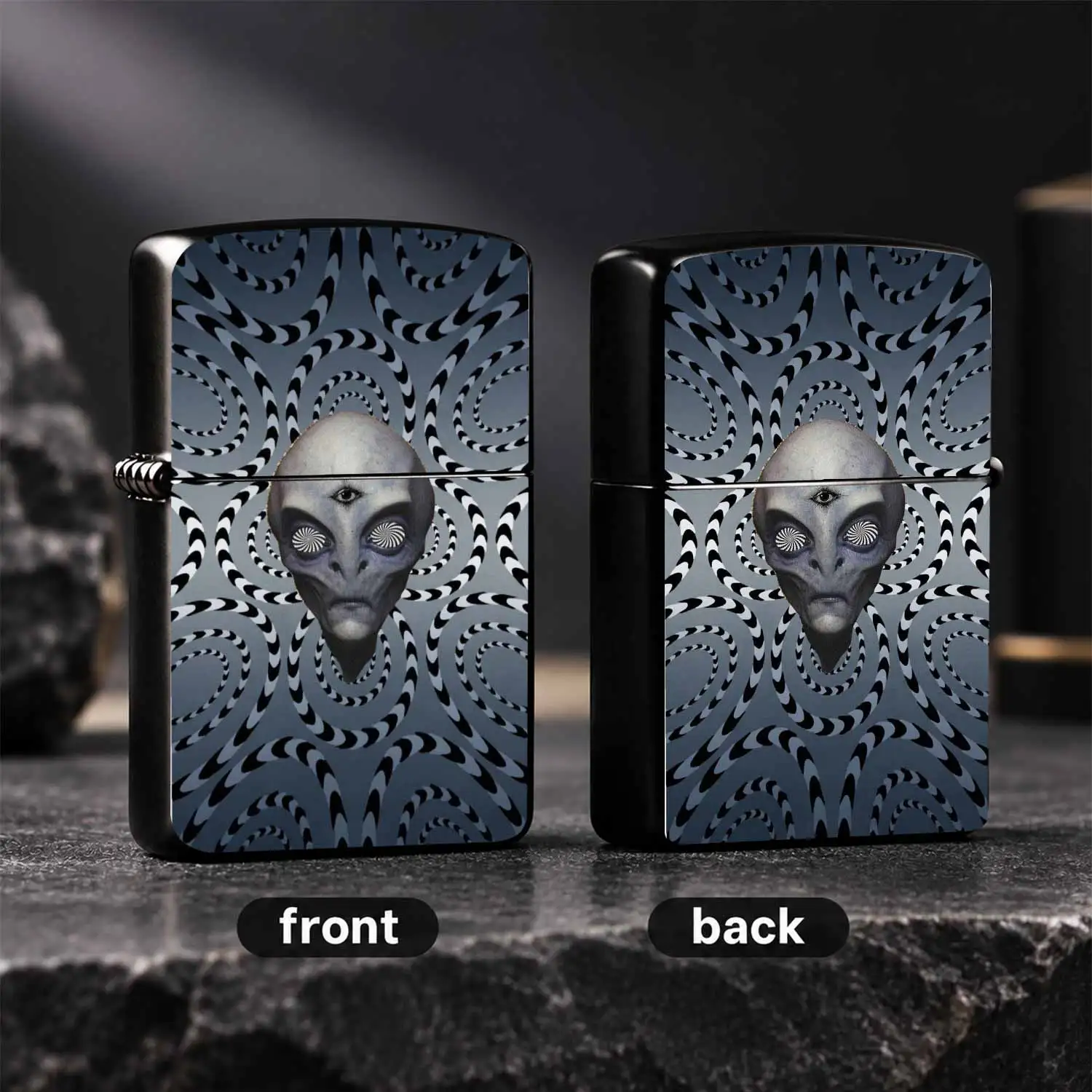 Vintage Psychedelic Three-Eyed Alien Print Lighter, Unique Cyber Stylish PORTABLE Igniter, Durable Lightweight Lighter for Daily Use, Outdoor Camping, Collectible Gift for Friends, Trendy Fun Accessory with Trippy Swirl Background Design