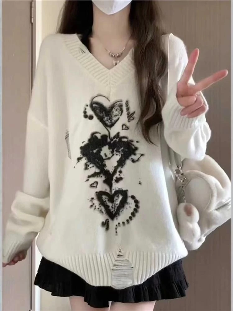 Y2k Aesthetic Hole Autumn Women Sweaters Casual Loose Love Jacquard Grunge Knitted Simple Pullovers 2024 Harajuku Top Pull Femme