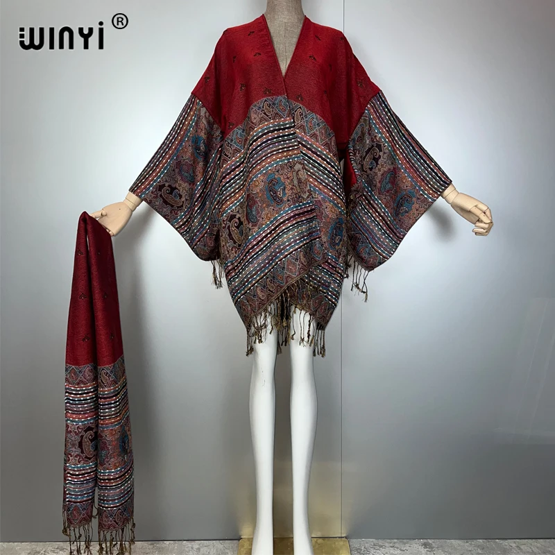 WINYI kimono maxi coat Africa women print Warm Long Sleeve loose Fashion Street Coat sweater Women Female Cardigan with belt