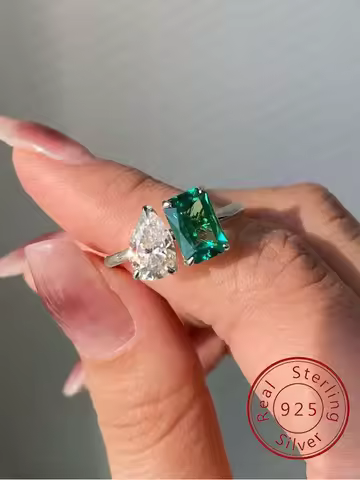 925 Sterling Silver Classic Zircon Water Drop Green Square Ring For Women Engagement Wedding Luxury High Quality Fine Jewelry