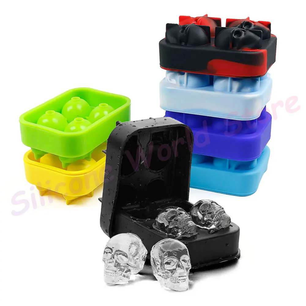 Silicone World DIY Skull Silicone Ice Molds 4 Hole Ice-making Box Ice Grid Mold Whiskey Cocktail Ice Cube Ice Hockey Bar Tools