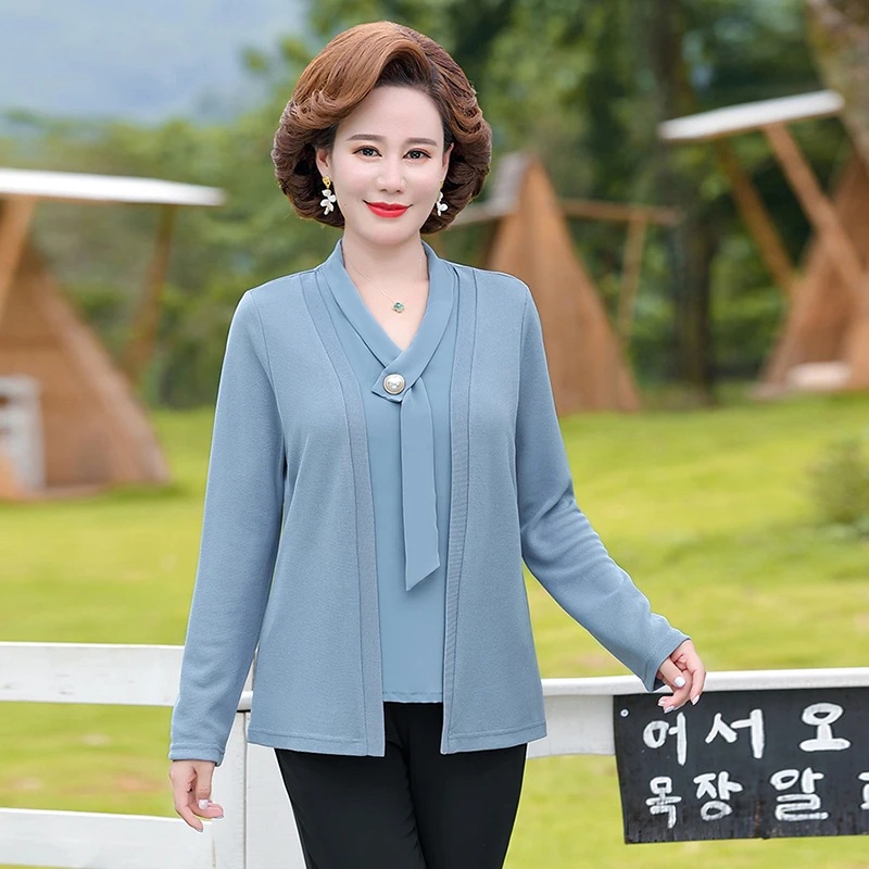 Fake Two Pieces solid color streamer T Shirt Women Long Sleeve Top Pullovers Spring Fall New Mother Tee Shirt Femme 2022
