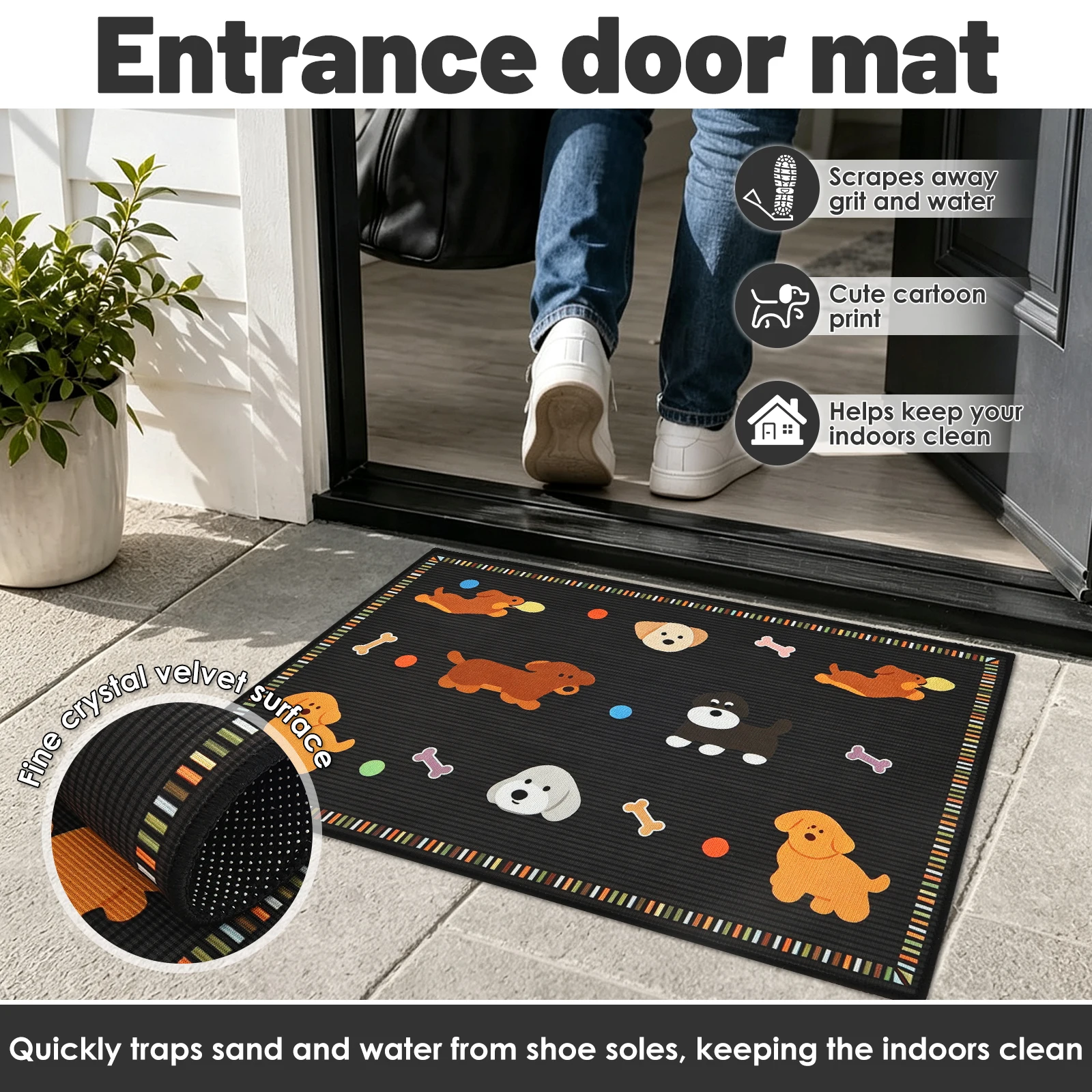 Cartoon Entryway Doormat Crystal Velvet Soft Floor Mat with Non Slip Backing Absorbent Household Door Mat for Indoor Decoration