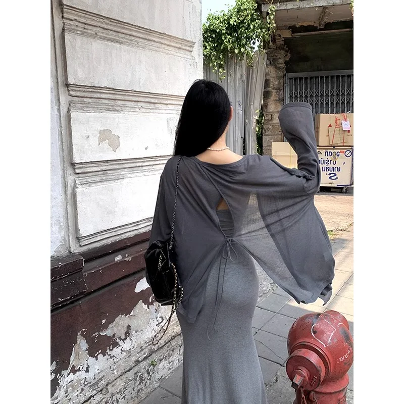 

Ice Silk Knitted Shoulder Wrap Thin Summer Sleeveless V-Neck Long Sleeve Outerwear for Women with Strap Dresses Backless Top