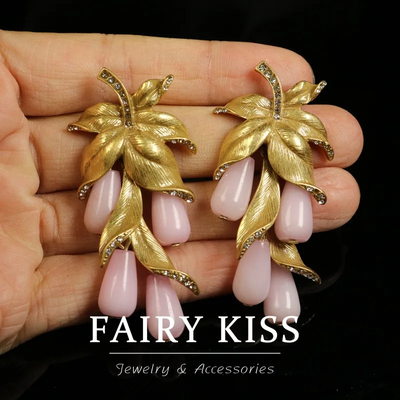 European and American Fashion Trends Vintage Heavy Industry Niche Design Leaves Fruit Shape Inlaid Stone Earrings
