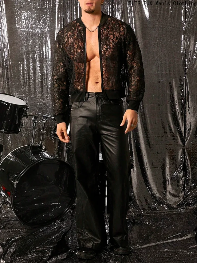 

Men's Paisley Lace Sheer Bomber Jacket Long Sleeve Zip-up Nightclub Party Fashion Transparent Outerwear Sexy Shirts for Men