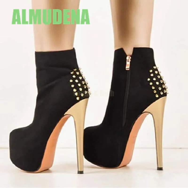 Black Suede Single Shoes Fashionable Round Toe Platform Side Zipper Rivet Decorative Temperament Slim High Heels