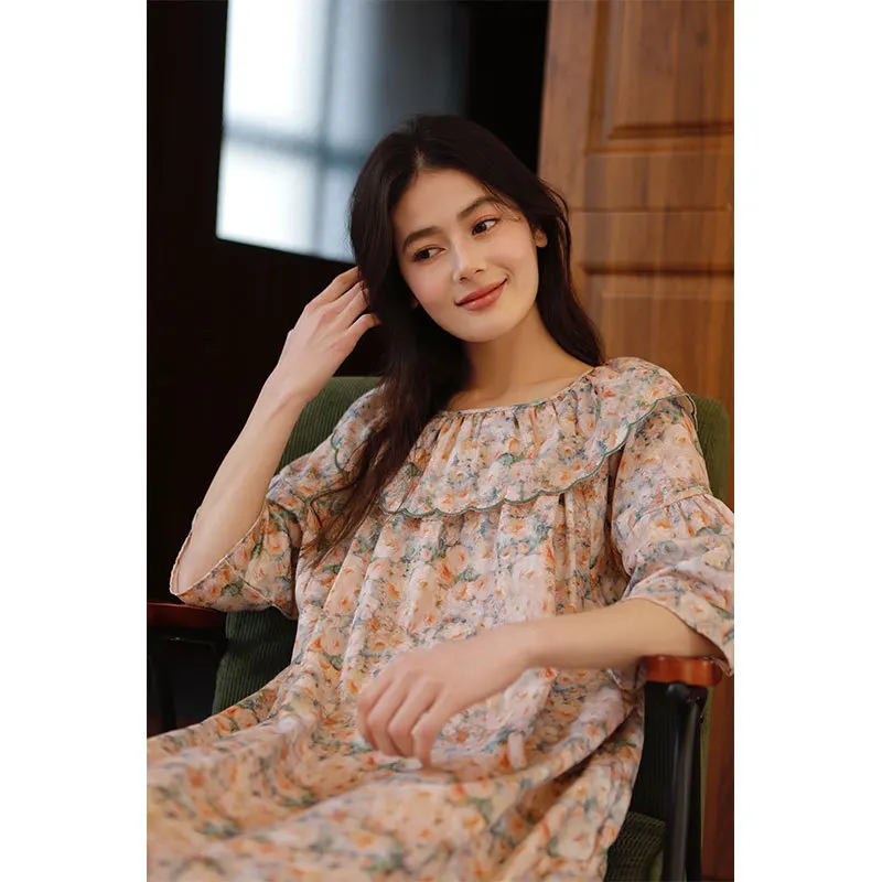 Sweet Floral 100%Cotton Nightgowns For Women Three Quarter Sleeve Sleepwear Princess Elegant Summer  Spring Loose  Pregant Dress - Image 2