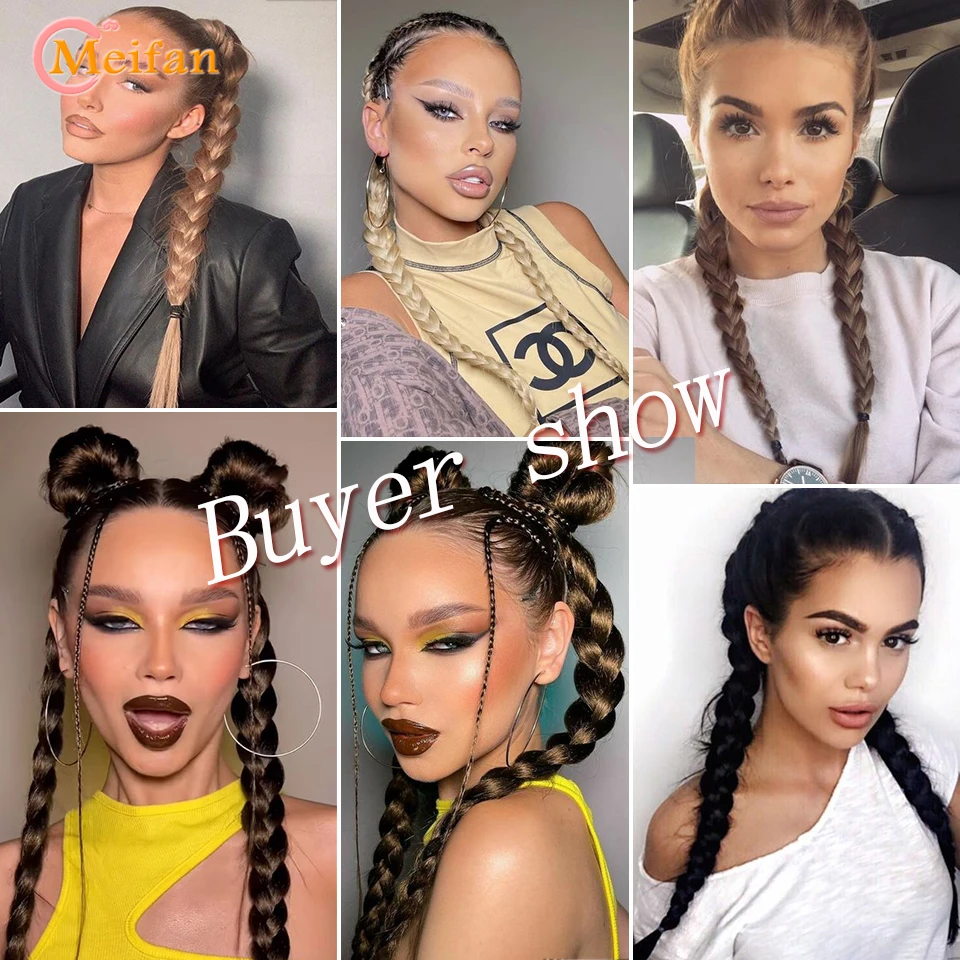 MEIFAN Synthetic Long Braided Ponytail With Rubber Band Boxing Braids For Women Hair Accessories 24Inch Black Braids Daily Use