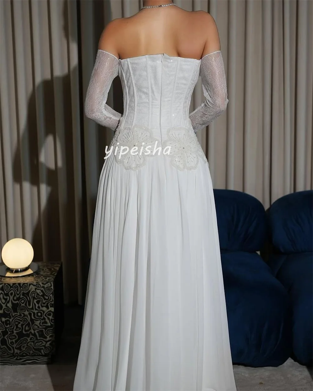 Vestidos largos personalizados de gasa exquisita hechos a mano con cuentas de flores y lentejuelas, vestidos largos con hombros descubiertos, vestidos para ocasiones a medida