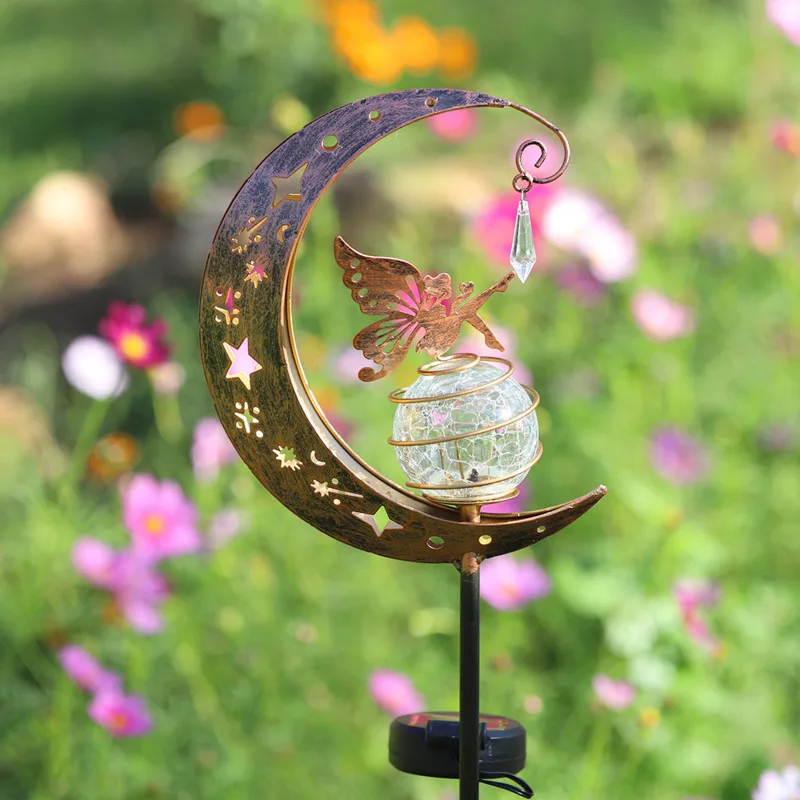 Solar LED Moon Fairy Garden, Light Outdoor Metal Stake Lamp, Crackled Glass Ball Waterproof Yard, Lawn Patio Decoration Gift New