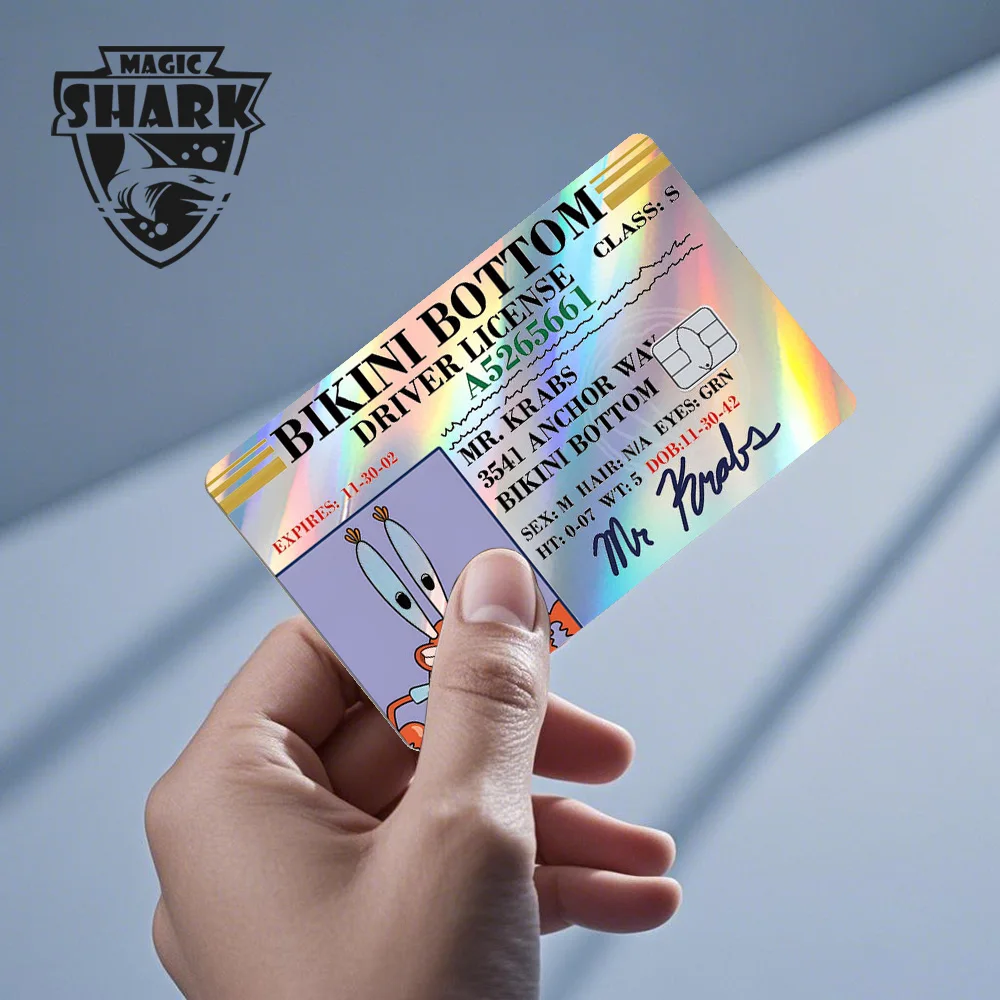Magic Shark 2026 Nuovo arrivo Divertente simpatico cartone animato adesivo olografico pellicola laser pelle lucida per carta di credito di debito