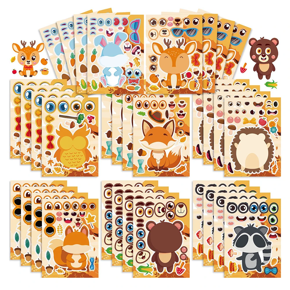 8/16 arkuszy jesienne zwierzęta zrób twarz Puzzle naklejki dla dzieci stwórz własną wiewiórkę szop sowa kreskówka montuj układankę DIY zabawki