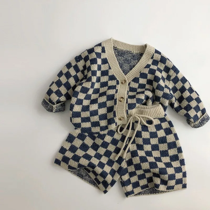 2024 Spring New Children Long Sleeve Casual Set Boys Girls Checkerboard Plaid Cardigan + Knitted Shorts 2pcs Suit Kids Outfits