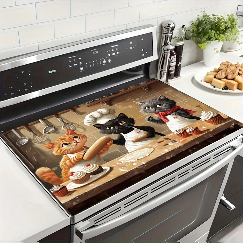 Funny Chef Cats Baking Stove Top Cover, Non-Slip Heat Resistant Burner Cover, Humorous Cat Kitchen Stove Protector Mat Electric