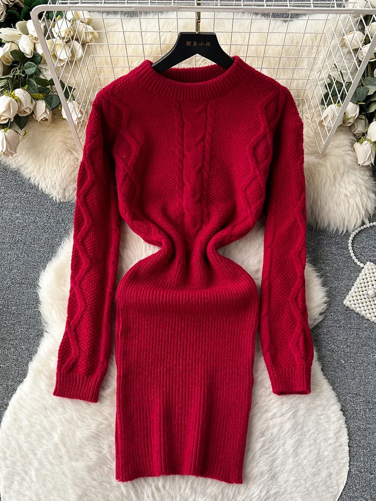 Red Khaki Fried Dough Twists Braid Knitted Dress Autumn Winter New Slim Wrap Hip Knitted Dress Women's