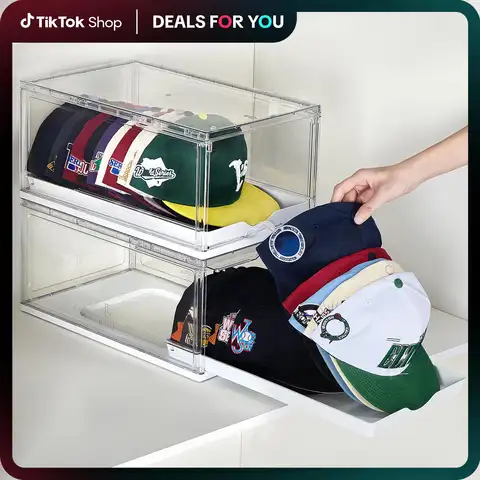 2-4Pcs Clear Baseball Cap Organizer Box Stackable Hat Storage Display Case with Magnetic Door Sliding Tray Large Transparent Dustproof Closet Rack Holder Holds 12 Hats