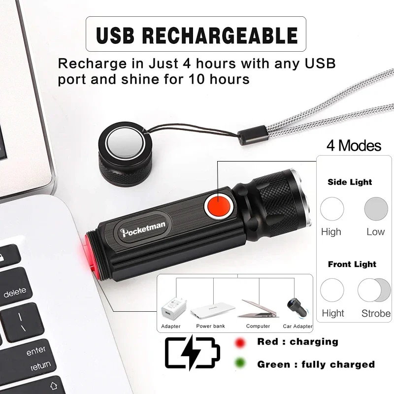 Linterna LED recargable por USB, luz COB lateral con batería integrada, z60