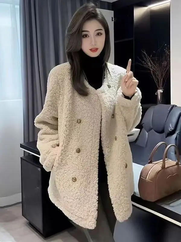 

Утепленное короткое пальто из овечьего вельвета в корейском стиле, повседневное, свободного кроя, двубортное, теплое зимнее пальто для женщин