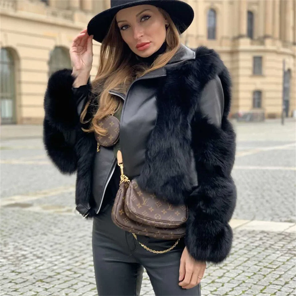 Patchwork Sheepskin Coat Women Winter Warm Thick Luxurious Faux Leather Fur Coat Long Sleeve Women\'s Jacket Motorcycle Coat