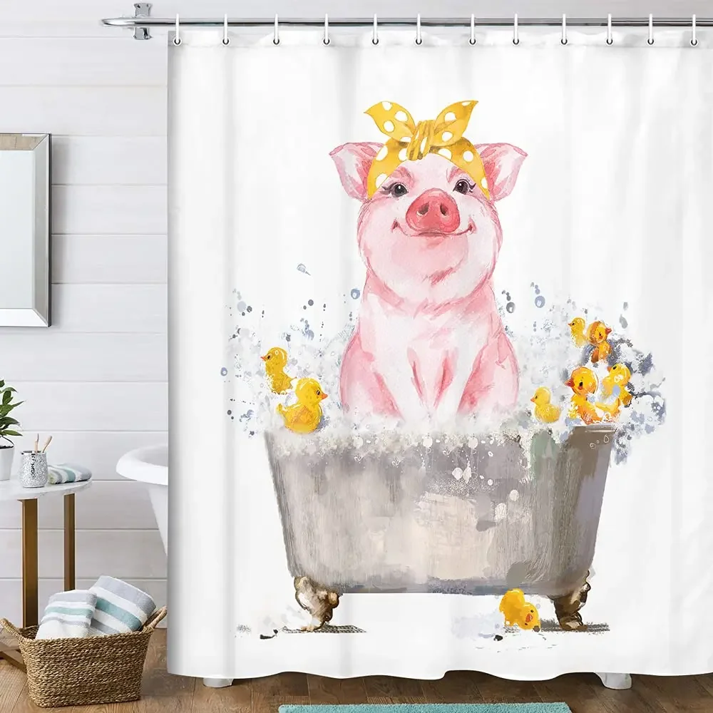 Funny Farm Pig In Bathtub Shower Curtain Cute Rustic Pig Is Taking Bath Farmhouse Bathroom Decor Kids Cartoon Shower Curtains